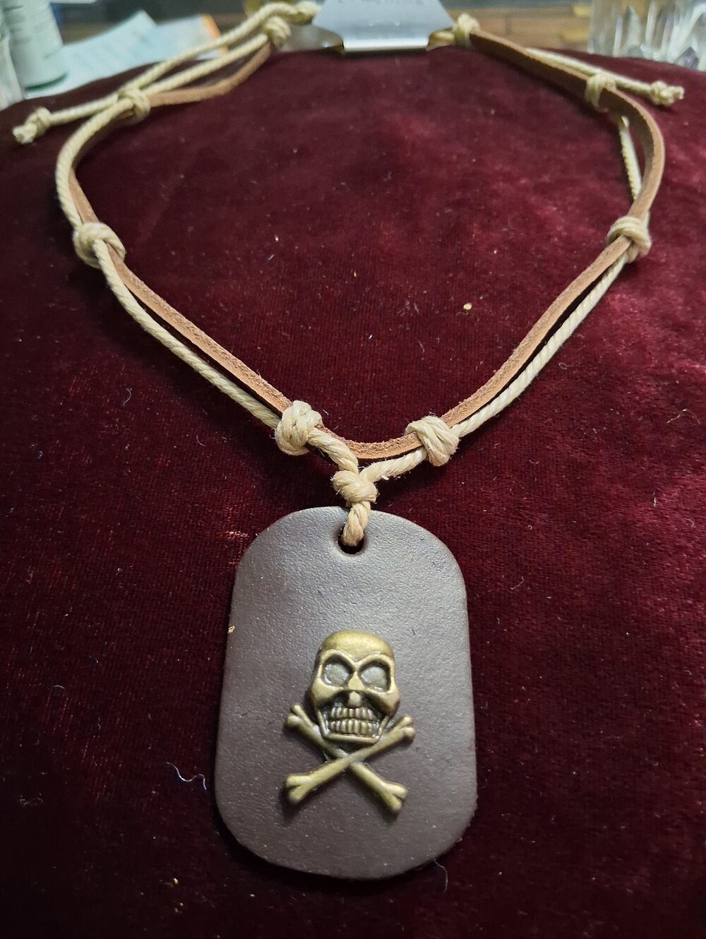 Brown Leather Skull & Crossbones Pendant Necklace for Men